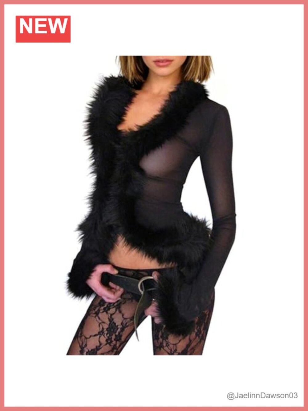 Faux Fur Trim Sheer Mesh Crop Cardigan Long Sleeve